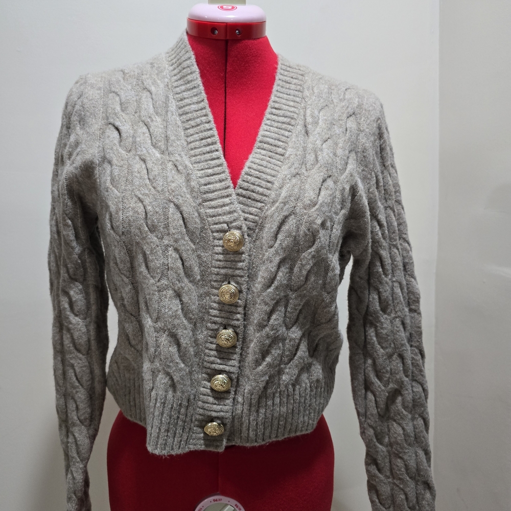 H&M Beige Tan Cable Knit Cardigan Gold Buttons Ralph Lauren J Crew Madewell XS